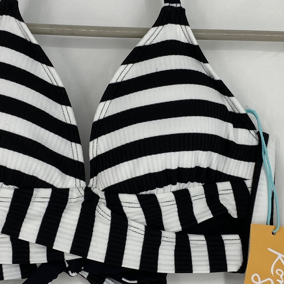 Kona Sol Womens XS Faux Wrap Halter Bikini Top Black White Stripes Halter Neck - Picture 3 of 5
